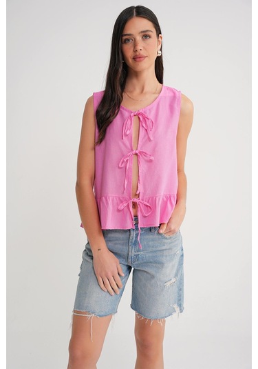 4717 Kadın Önü Bağcıklı Fırfırlı Kolsuz Keten Bluz Pembe Pembe
