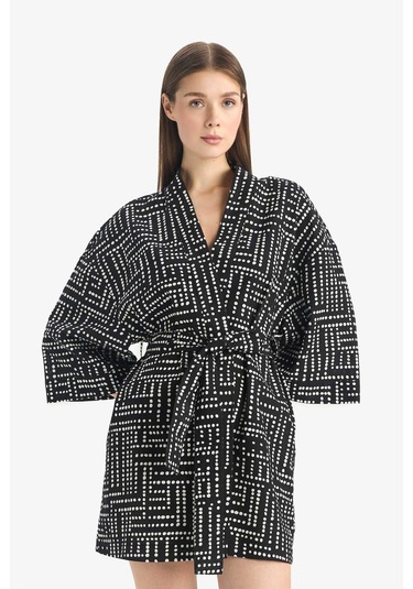 Defacto Regular Fit Desenli Kuşaklı Pamuklu Kimono-fall İn Love D0453ax25spbk27 Siyah