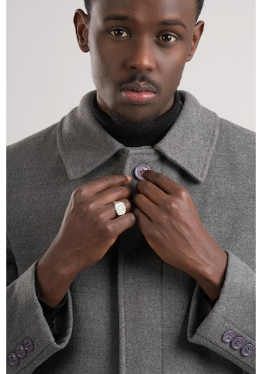 Yakalı Klasik Kesim Düğmeli Uzun Kaşe Erkek Kaban Gri