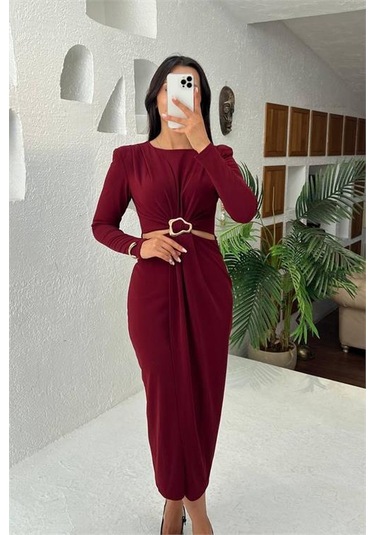 Neşeli Butik Kadın Bel Dekolteli Toka Detaylı Uzun Kollu Elbise Nbmy3655 Bordo