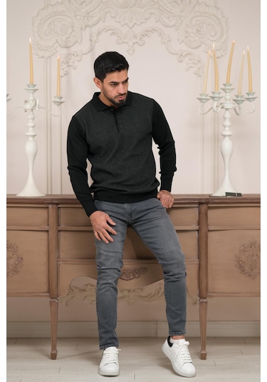 Woolen World Polo Yaka Armürlü Yünlü Erkek Triko Kazak Siyah