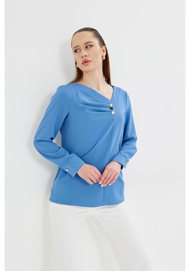 Yakası Pileli Ve Düğme Detaylı Gömlek İndigo Indıgo