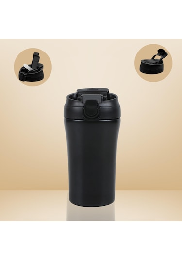 Paslanmaz Çelik Bardak Mug Termos 380 Ml Çift Katmanlı, Sızdırmaz Kapaklı-284 Siyah
