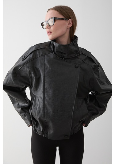 Siyah Dik Yaka Dokulu Deri Ceket - 509251 Siyah