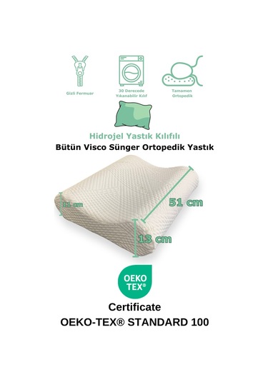 Rudu Hidrojel Hydrogel Kılıf, Bütün Visco Visko Medical Yastık 51x41x13-11cm 1350 Gr Omuz/boyun Destekli Beyaz - Yeşil