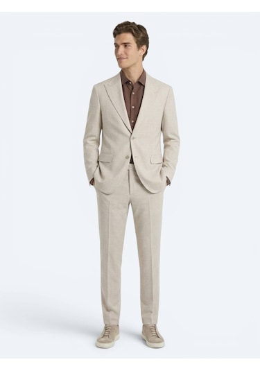 Kip Bej Desenli Modern Fit Yün Karışımlı Takım Elbise