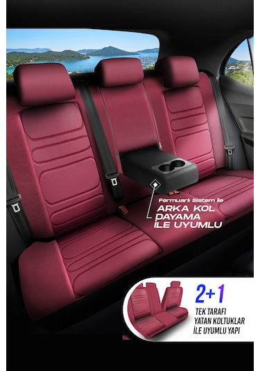 Bordo - Bordo Panda Rodos Serisi Deri Ortopedik Oto Koltuk Kılıfı - Tam Set