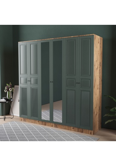 Nil 6 Kapaklı Eko Bazalı Gardırop - Mdf Kapak Yeşil