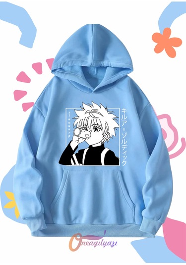 Çocuk Unisex Hunter Killua Anime Baskılı Oversize Kapüşönlü Sweatshirt Mavi