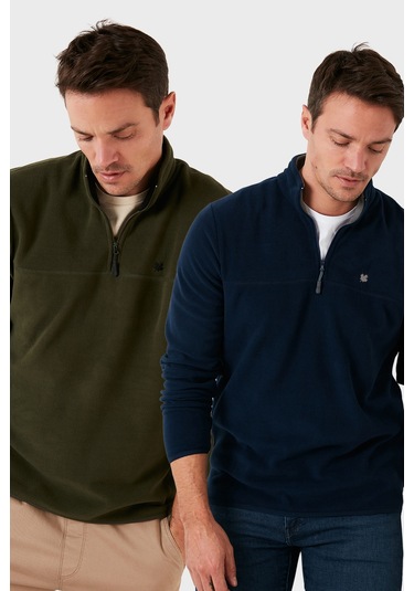 Buratti Slim Fit Anti-Pilling Tüylenme Yapmayan Bato Yaka Şardonlu 2'Li Paket Erkek Polar 5906001S2 Haki-Lacivert