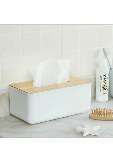 Ahşap Kapaklı Peçetelik Sunumluk 21 X 13 X 9 Cm Beyaz Renk 1 Adet Bambu