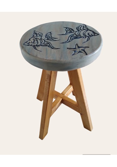 Sea Stoll Tamamı Ahşap El Yapımı Deniz Temalı Tabure