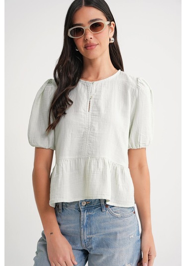 4713 Kadın Beli Büzgülü Kolu Lastikli Bol Müslin Bluz Adaçayı Adaçayı