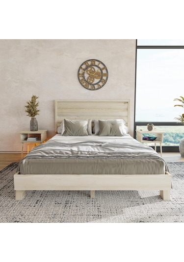 Hüma Model Vernikli Çam Ahşap Karyola Ve İki Komodin Set Yatay -284 140 x 190