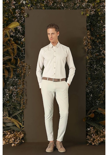Efor Gk 711 Slim Fit Bej Klasik Gömlek Bej