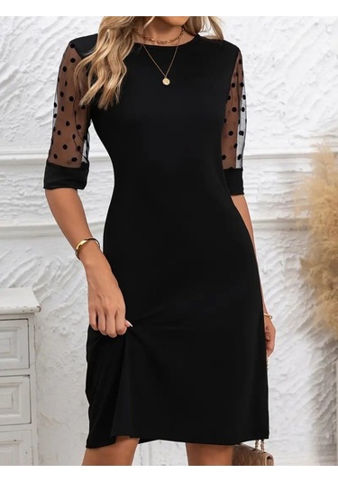 Kadın Puantiyeli Tül Kollu Bisiklet Yaka Janjan Krep Elbise Siyah