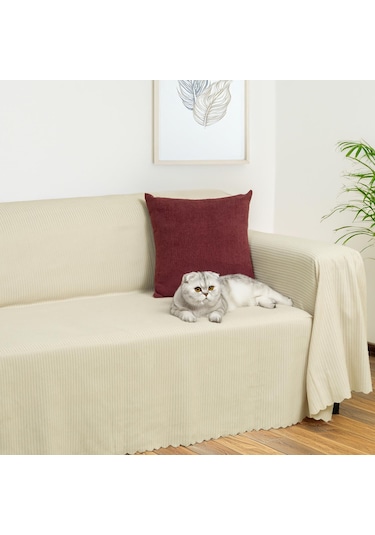 Mikrofiber Şönil Fitilli Minimalist Koltuk Örtüsü -175x350 Cm Xlarge, Çift Taraflı, Kaymaz, Terletmez Krem krem