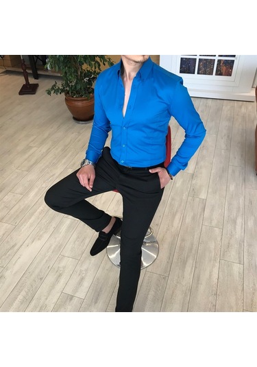 Italyan Stil Slim Fit Dik Yaka Saten Erkek Gömlek Saks T4744 Saks