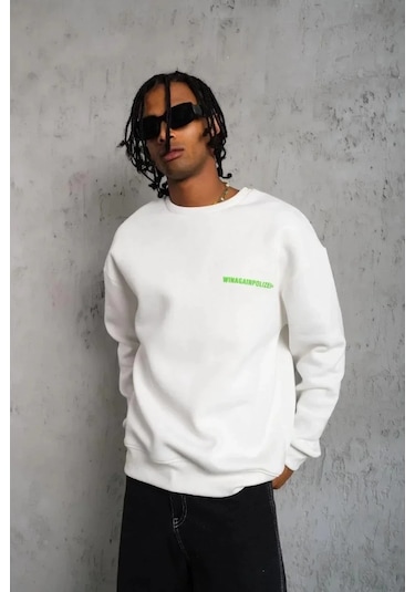Erkek Oversize Sweatshirt Beyaz Renk Ön Ve Sırt Baskılı, Üç İplik İçi Pamuklu Kumaş, Rahat Kalıp Beyaz