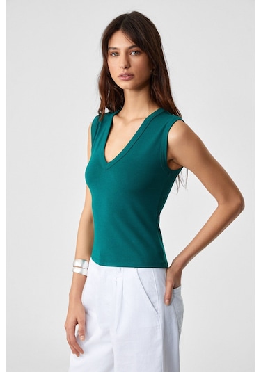GRIMELANGE Lescosa Kadın Slim V Yaka Kolsuz Koyu Yeşil T-shirt Koyu Yeşil