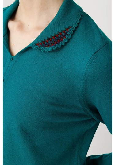 Desen Triko Polo Yaka Likralı Kadın Bluz 25091 Yeşil