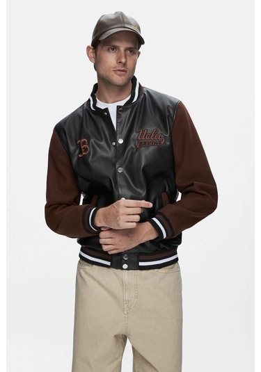 Kawelo Siyah Suni Deri Ve Kaşe Nakışlı Standard Fit Erkek Mont Siyah