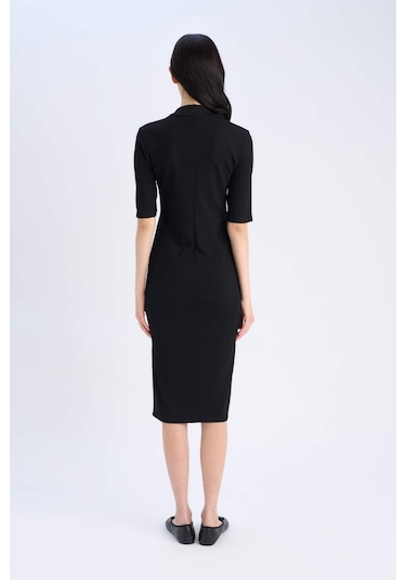 DeFacto Bodycon Vücudu Saran Polo Yaka Fitilli Kaşkorse Kısa Kollu Midi Elbise E6806AX25SPBK27