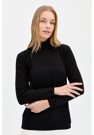 Desen Triko Kadın Likralı Uzun Kollu Basic Tam Balıkçı Bluz 20017 Siyah Siyah