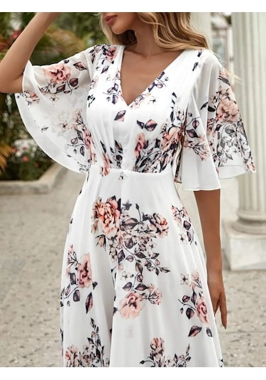 Kadın Kısa Kollu V Yakalı Çiçek Desenli Süprem Elbise Beyaz