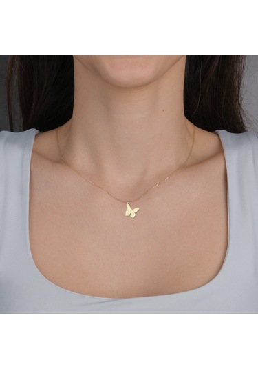 Altın Plakalı 14 Ayar Kelebek Figürlü Sevgililer Günü Hediyesine Özel Altın Kolye-839 Kelebek-2