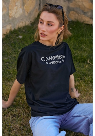 Velvoria Unisex Oversize Siyah Camping T-shirt