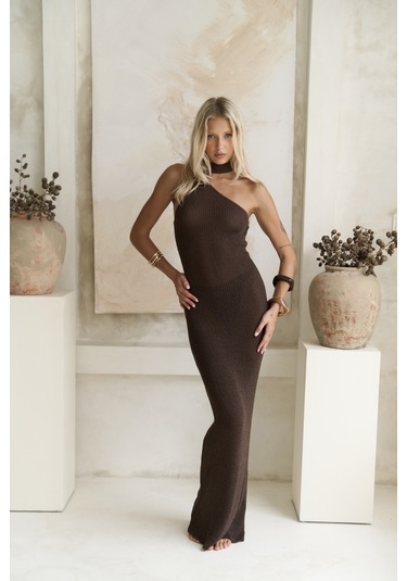 Kamalas Asimetrik Triko Kahve Uzun Elbise Kahve