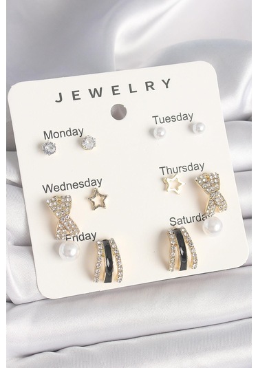 Pirinç Gold Renk Zirkon Taş Yıldız Detaylı İncili 7'li Set Kadın Küpe Seti Çok Renkli