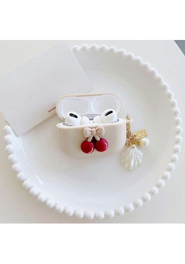 Apple Airpods 3. Nesil İle Uyumlu Kılıf Kalp Leopar Taş Kiraz Desenli Fiyok Tutmalı Kılıflar Mürdüm