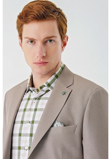 Örme Mono Yaka Çift Yırtmaç Likralı 6 Drop Slim Fit Dar Kesim Klasik Ceket 1002240138 - Bej