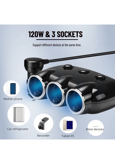 Yifomall Siyah Araç Şarj Cihazı, 3 Fişli, 2 Usb 1a+2.1a , Bağımsız Anahtarlar, Led Gösterge, 12-24v Dc, 120w, 56cm Kablolu