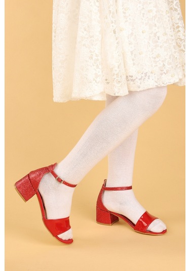 Kiko Kids 768 Ayna Kum Günlük Kız Çocuk 3 CM Topuklu Sandalet Ayakkabı Kırmızı 001