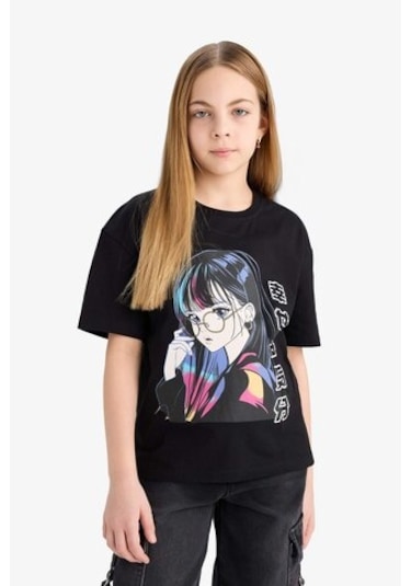 DeFacto Kız Çocuk Relax Fit Bisiklet Yaka Baskılı Kısa Kollu Tişört E0389A825SMBK81