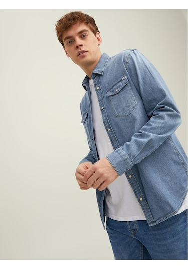 Jack Jones Erkek Denim Gömlek Jjesherıdan 12138115 Mavi
