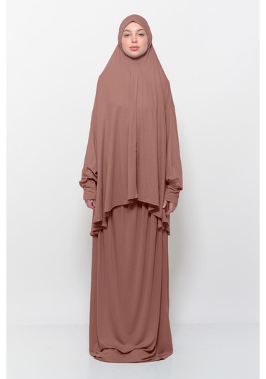 Pratik 2 Parça Pamuklu Yarasa Kollu Başörtülü Tesettür Namaz Elbisesi Toprak Antrasit