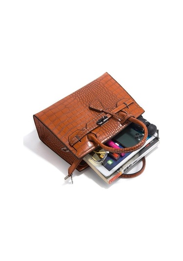 Wondernest Çapraz Desenli Timsah Baskı Tote Çanta 3'ü 1 Arada, Büyük Kapasiteli Kahverengi Kahverengi