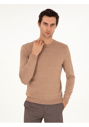 Cacharel Camel Slim Fit Bisiklet Yaka Yün Karışımlı Basic Triko Kazak Kahverengi