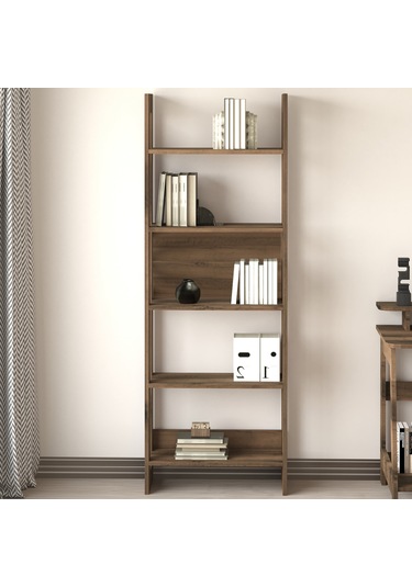 Country Dekoratif 5 Raflı Ev-ofis Kitaplık, Modern Kütüphane - Antik Ceviz