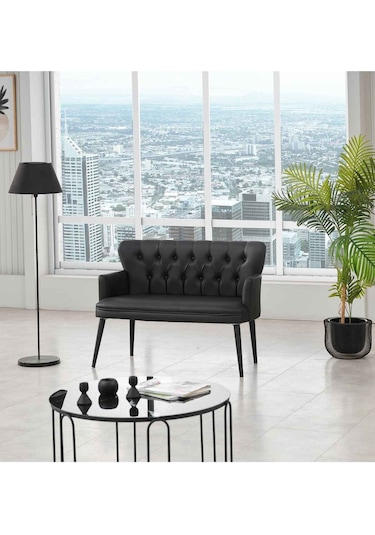 Garden House 2'li Siyah Deri Ahşap Ayaklı Ofis Koltuğu Siyah