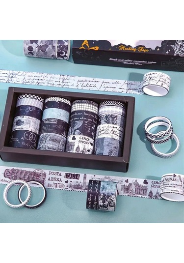 Dikdörtgen Vintage Washi Tape Bant Yapışkanlı Maskeleme Kağıdı Desenli Bant 20'li - Siyah Seri Bant 1
