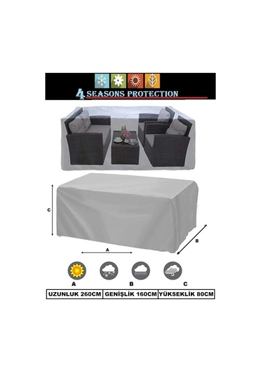 Premium Kalın Bahçe Mobilya Brandası 260x160x80 Cm Masa Sandalye Gri