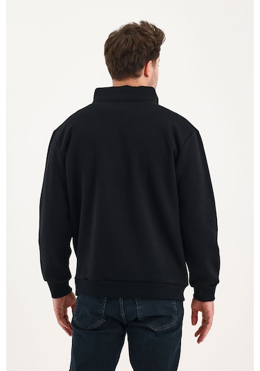 Unisex Sweatshirt Rahat Kesim Pamuklu Içi Polarlı Yarım Fermuarlı Dik Yaka Sweatshirt Siyah