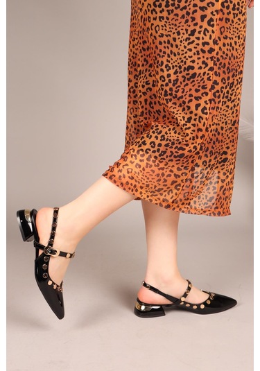 Feles Sarı Pul Detaylı Arkası Açık Kadın Babet Ayakkabı Siyah