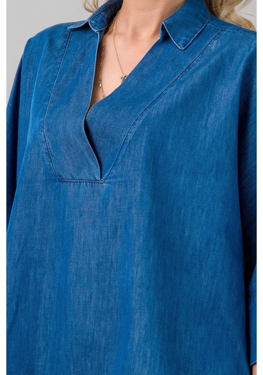 Kadın Gömlek Yakalı Yaka İndigo Mavi Kol Ucu Manşetli İnce Kot Kumaş Bluz İndigo