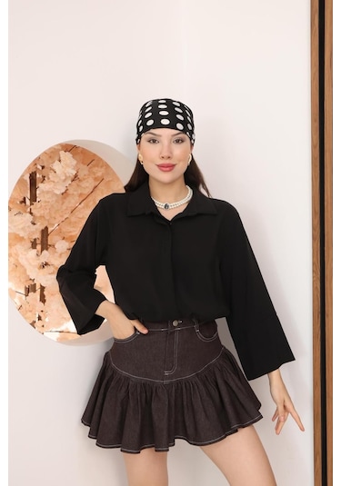 Kadın Slim Fit Dar Kesim Vücuda Oturan Uzun Kollu Siyah Gömlek